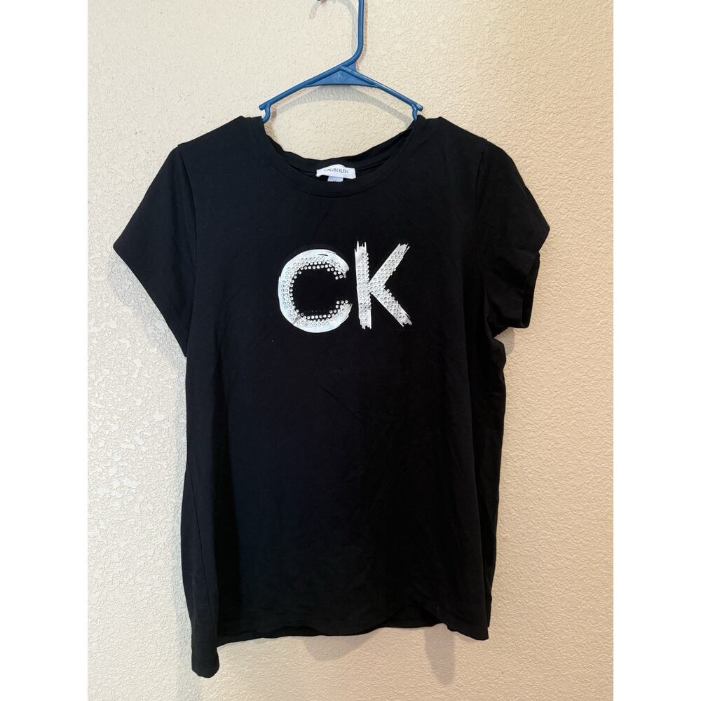 Calvin Klein Jeans Teens LG Black V-Neck T-Shirt Rhinestone Logo Short Sleeve
